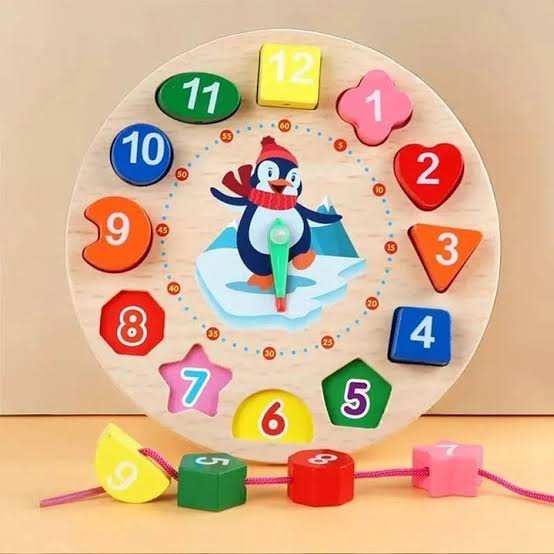 Wooden Clock with Lacing String and Shapes (1) Wooden Clock with Lacing String and Shapes