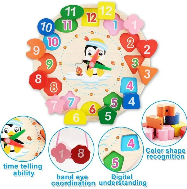 Wooden Clock with Lacing String and Shapes
