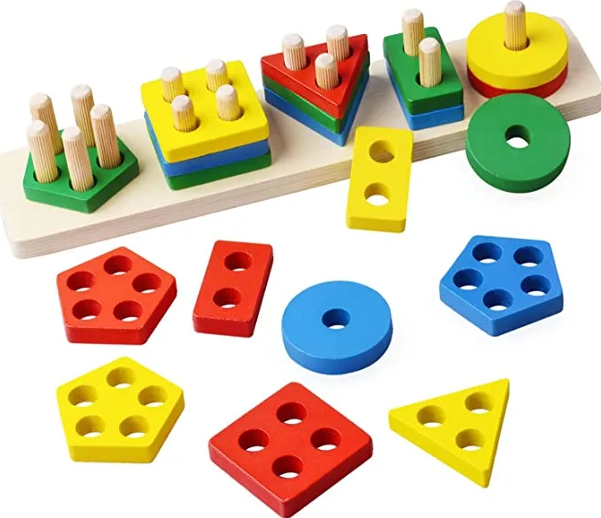 Wooden Geometric Shape Stacking Puzzle Board