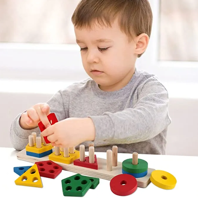 Wooden Geometric Shape Stacking Puzzle Board (2) Wooden Geometric Shape Stacking Puzzle Board