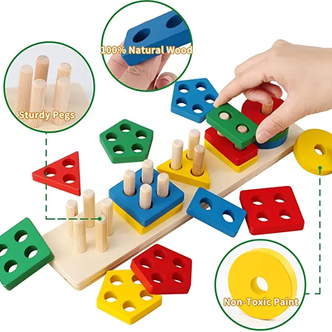 Wooden Geometric Shape Stacking Puzzle Board