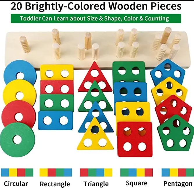 Wooden Geometric Shape Stacking Puzzle Board